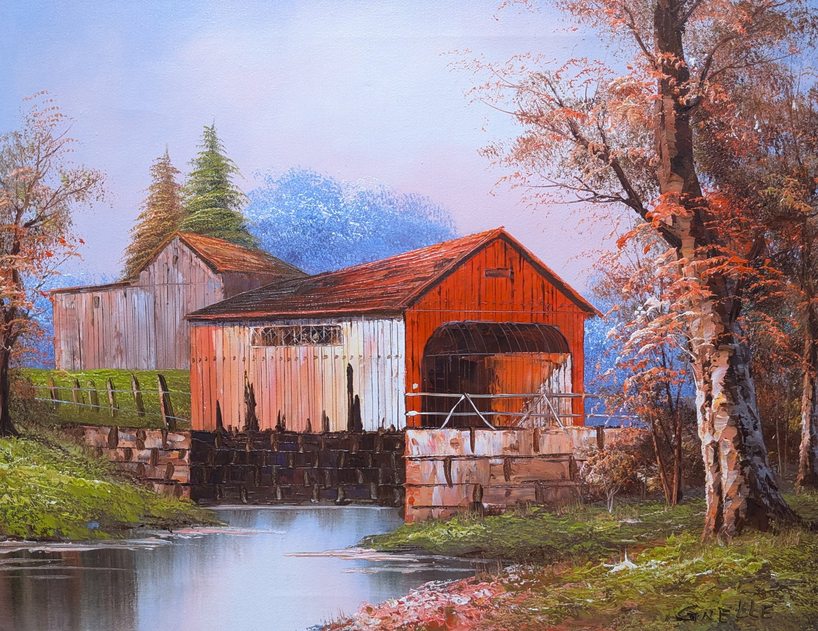 Oil on Canvas, "Rustic Bridge": Oil on Canvas, "Rustic Bridge", oil on canvas. Sight: 15.25" x 19.5" Frame: 21.5" x 25.5" Signed Grelle In-house shipping is available for smaller items. Shipping is available for larger and other