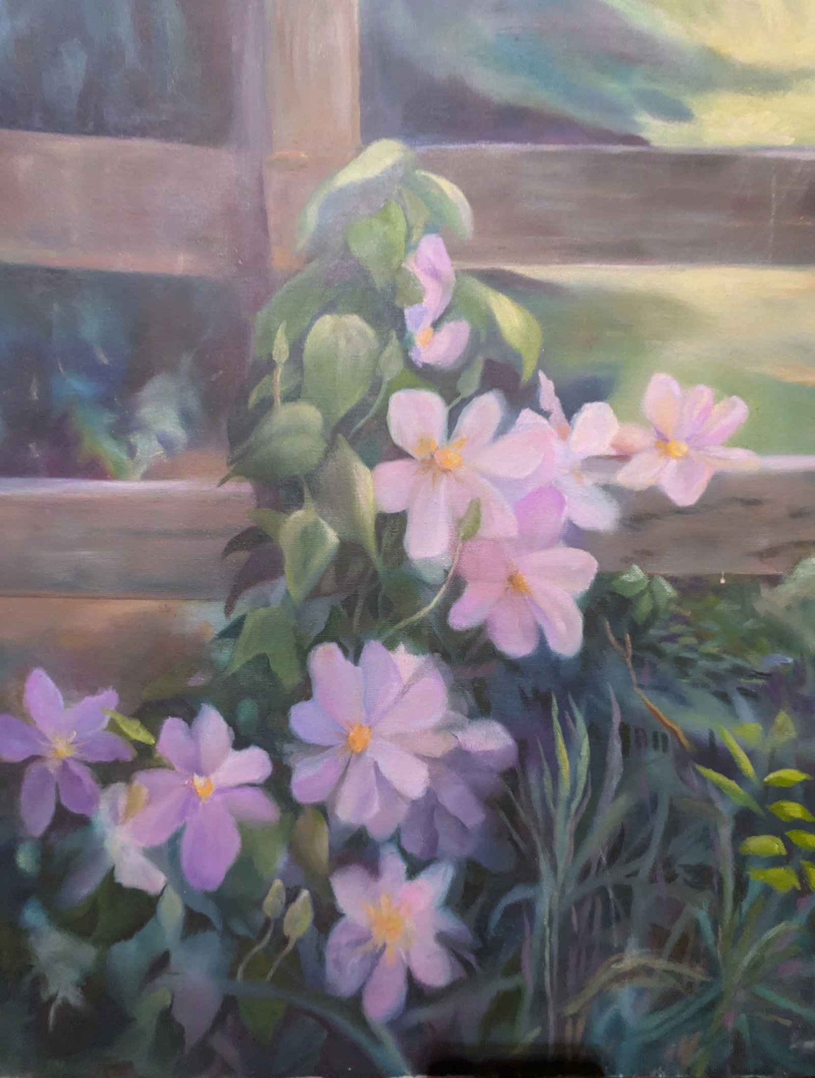 Flowers & Fence: Flowers & Fence, oil on canvas. 20" x 16.25" In-house shipping is available for smaller items. Shipping is available for larger and other fragile items through Pac Mail, which is a local shipping