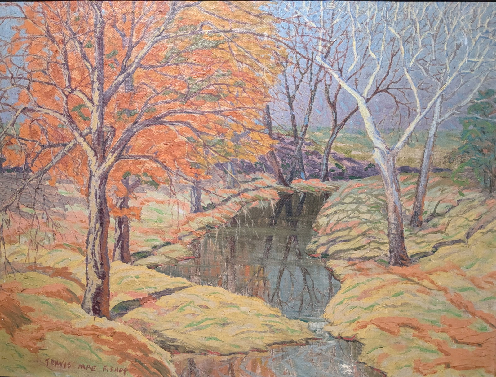 Travis Mae Bishop Impressionist Autumn Stream Landscape: Travis Mae Bishop Impressionist Autumn Stream Landscape, oil on canvas. Sight: 22" x 29.25" Frame: 22" x 30" In-house shipping is available for smaller items. Shipping is available for larger and othe