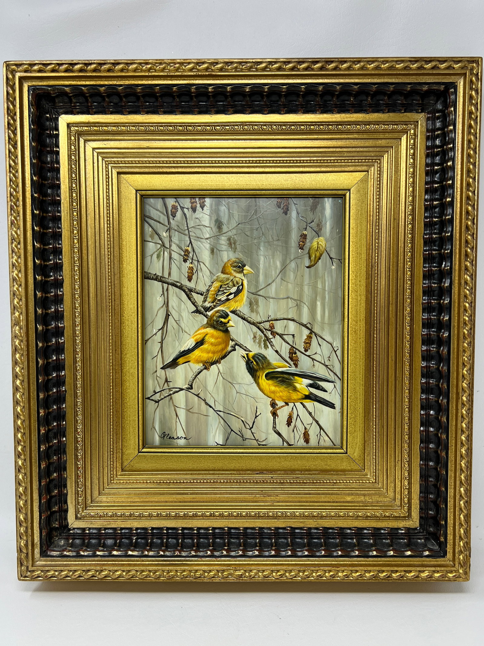 Gleason, "Three Birds on Branch" Oil on Wood Panel Original Painting: "Three Birds On Branch", H 10.5" W 8.5" Carved Wood Frame. Modern
