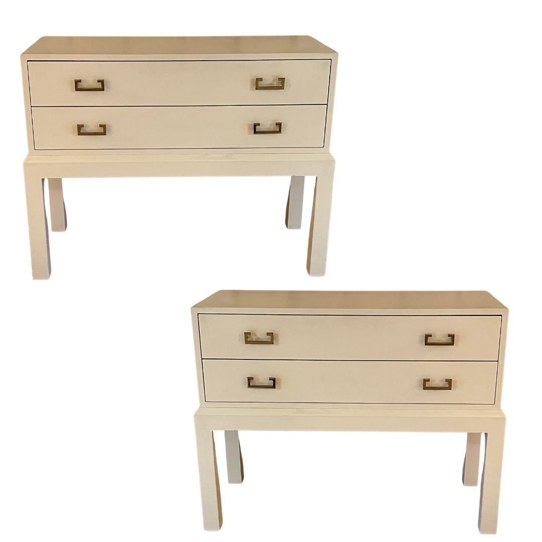 Pair of Modern Painted Commodes: Cream color. Each having two drawers, painted canvas wrapped. On four straight block legs.Great condition, no makers mark