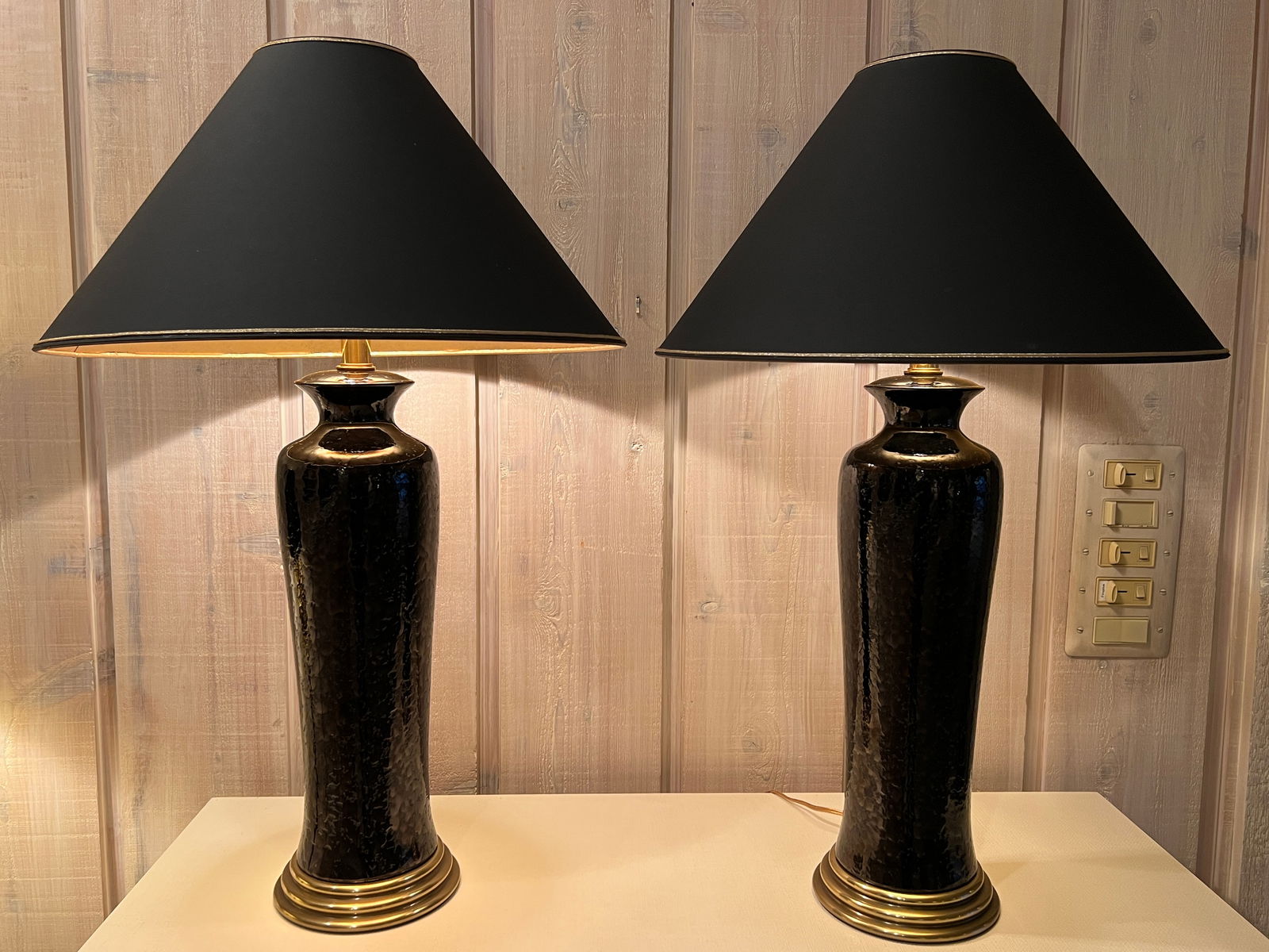 Pair of Modern Glazed Pottery & Brass Table Lamps (1 of 4)