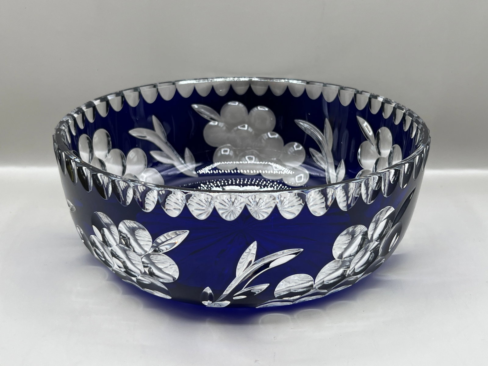 Bohemian Style Crystal Open Bowl: Grape cluster and leaf design bowl.