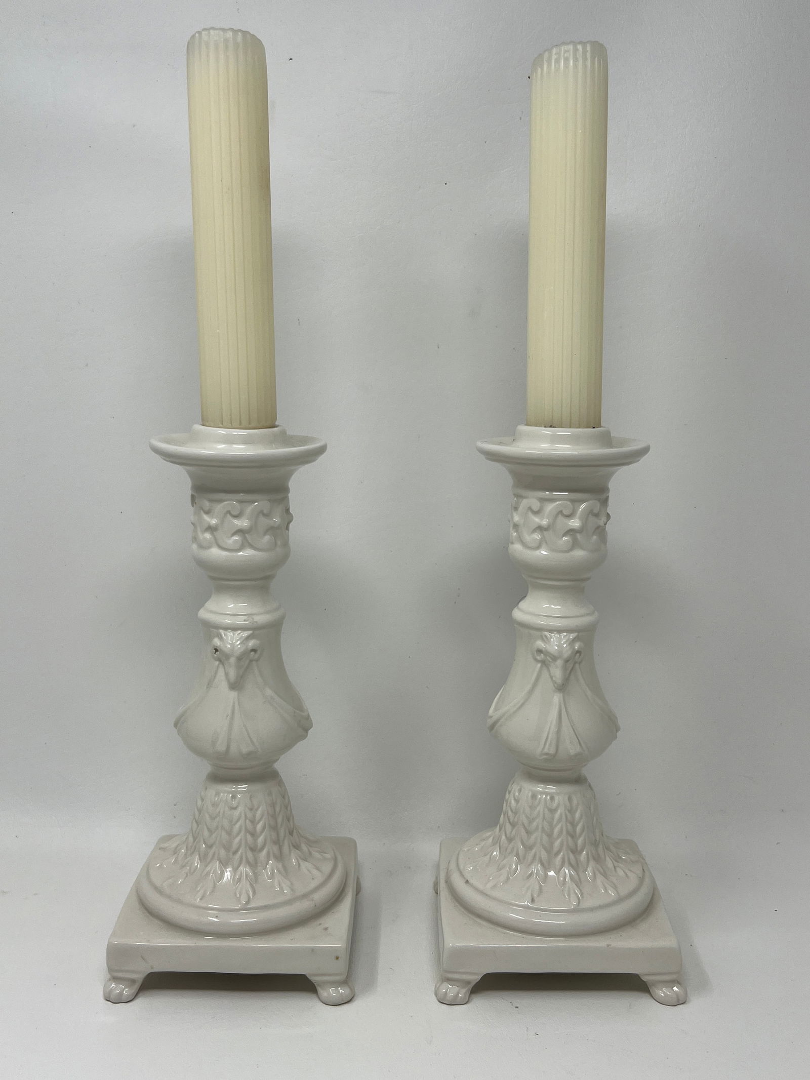 Italian Pottery Glazed Signature Bird Head Candlesticks: with signature, candles not included