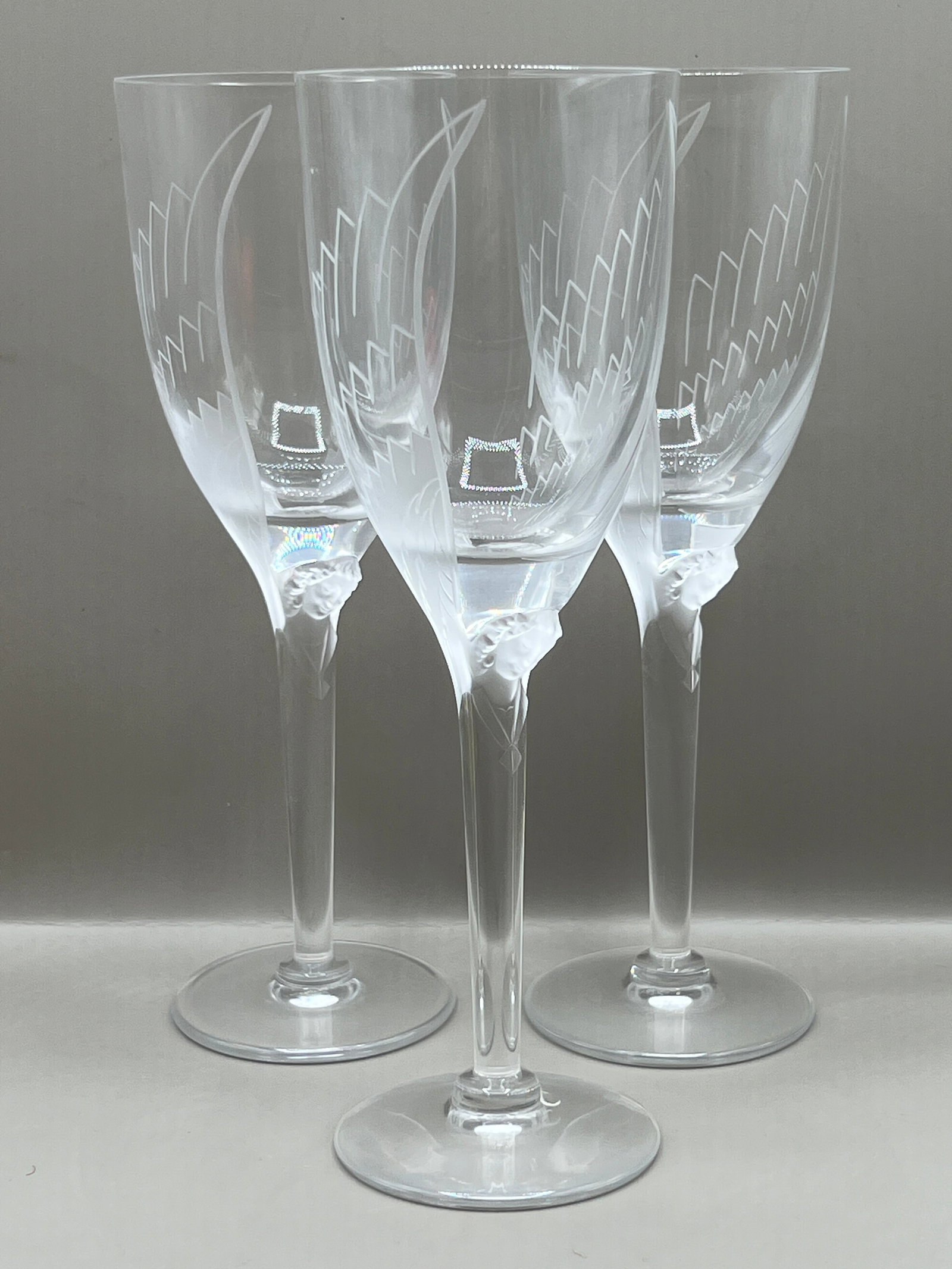 (3) Lalique Art Deco Angel Crystal Champagne Flutes: stunning style