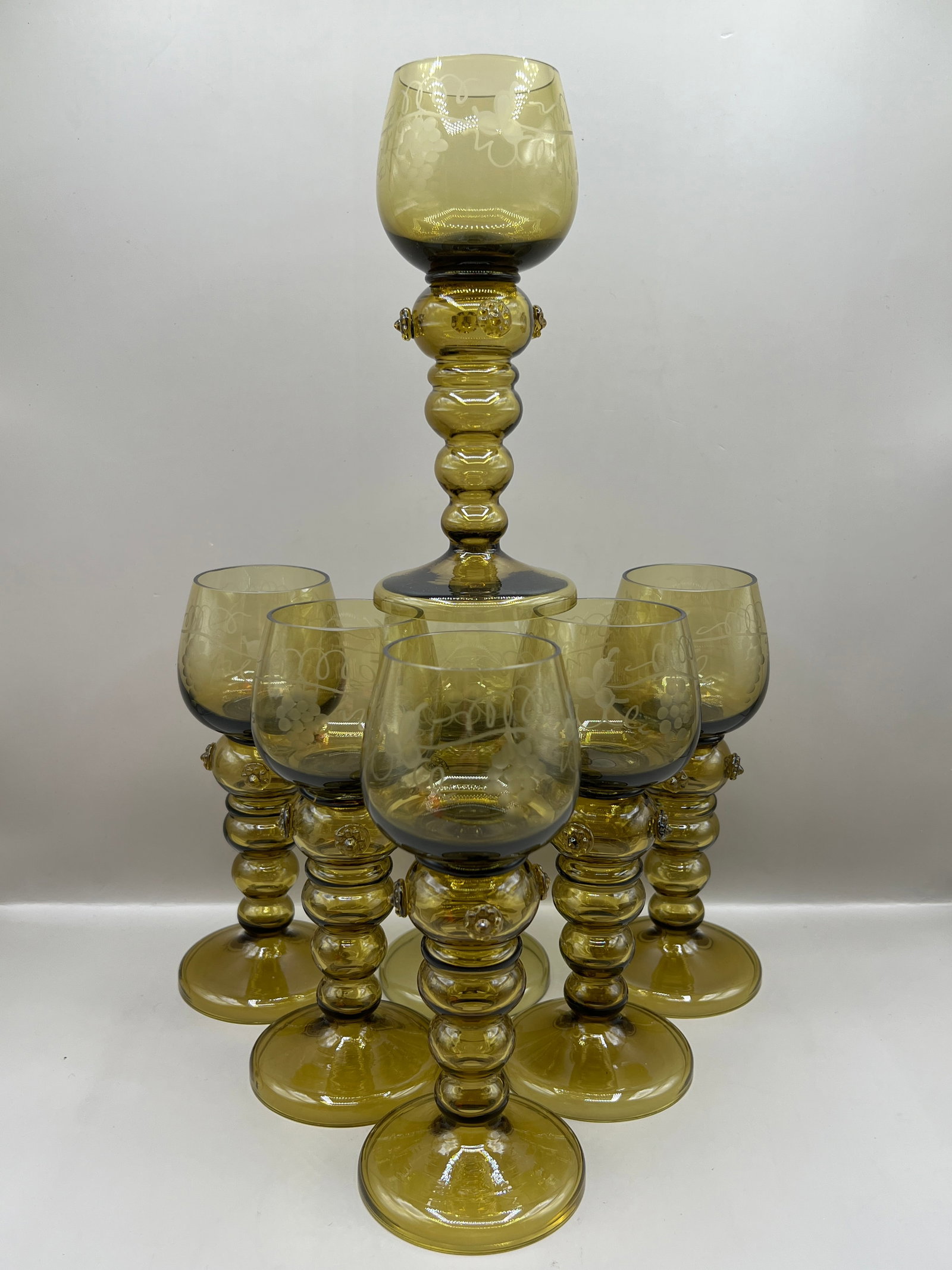 Olive Green Bohemian Glass Handblown Stemware Goblet Wine Glasses: stunning color and handmade. slight color variations, shown in photos