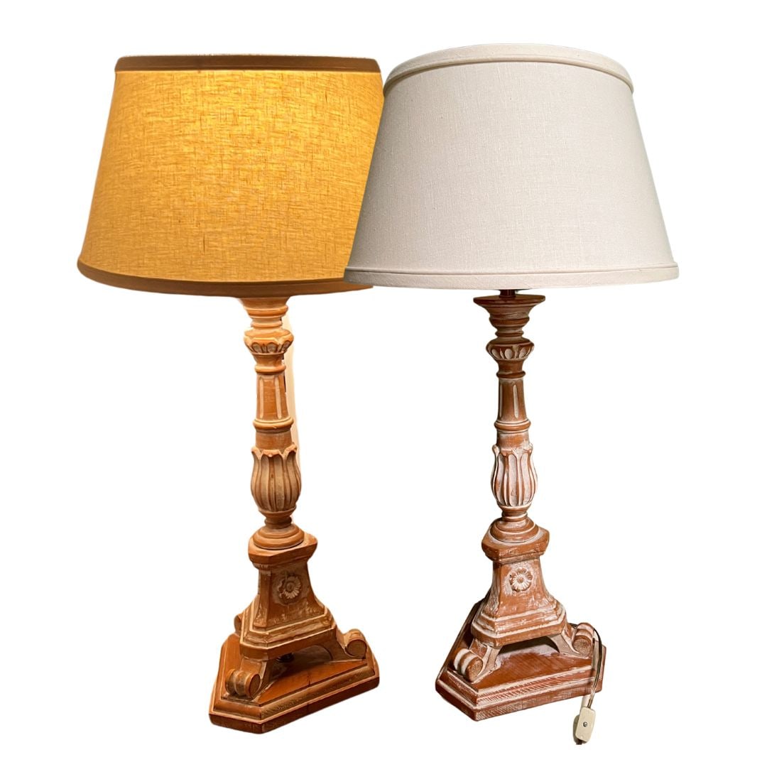 Pair of Neoclassical Carved Light Wood Table Lamps: Very lightweight wood