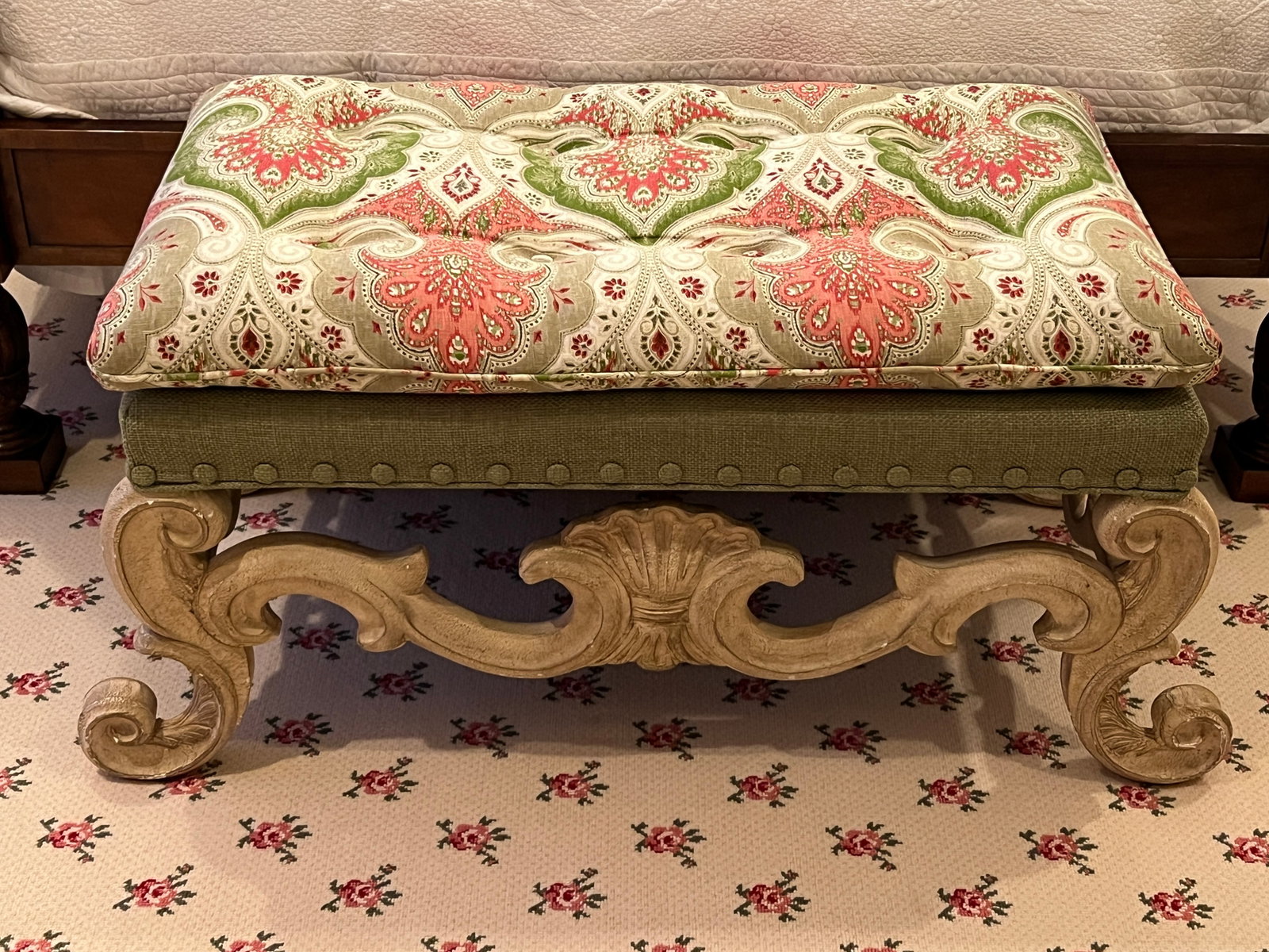 Paisley Upholstered Scrolled Florentine Leg Bench Shell, Leaf, Paisley Motif: Carved wood base, Soft upholstery