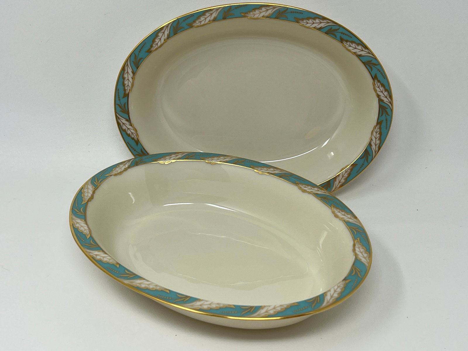 Pair of Lenox "Bellevue Sea Green" Oval Vegetable Serving Bowls: In great condition, very little gold flame wear