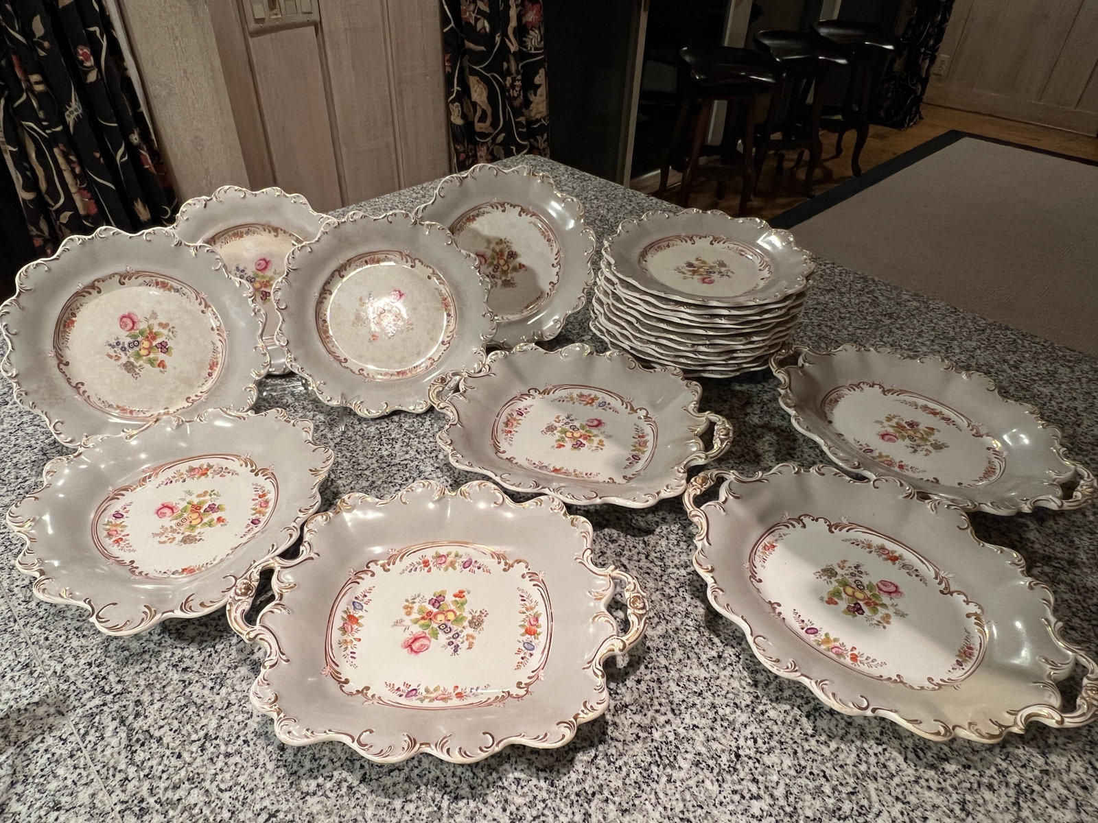 20pc English Porcelain Plates Heavy, As Found: heavy crazing and discoloration, some chips on back ridges