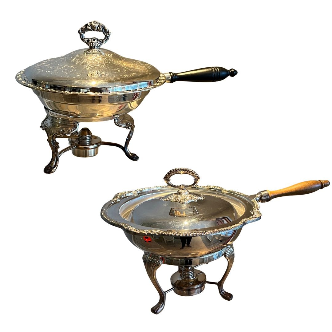 Pair of Silverplate Handled Chaffer Pans w Lids and Stands (1 of 5)