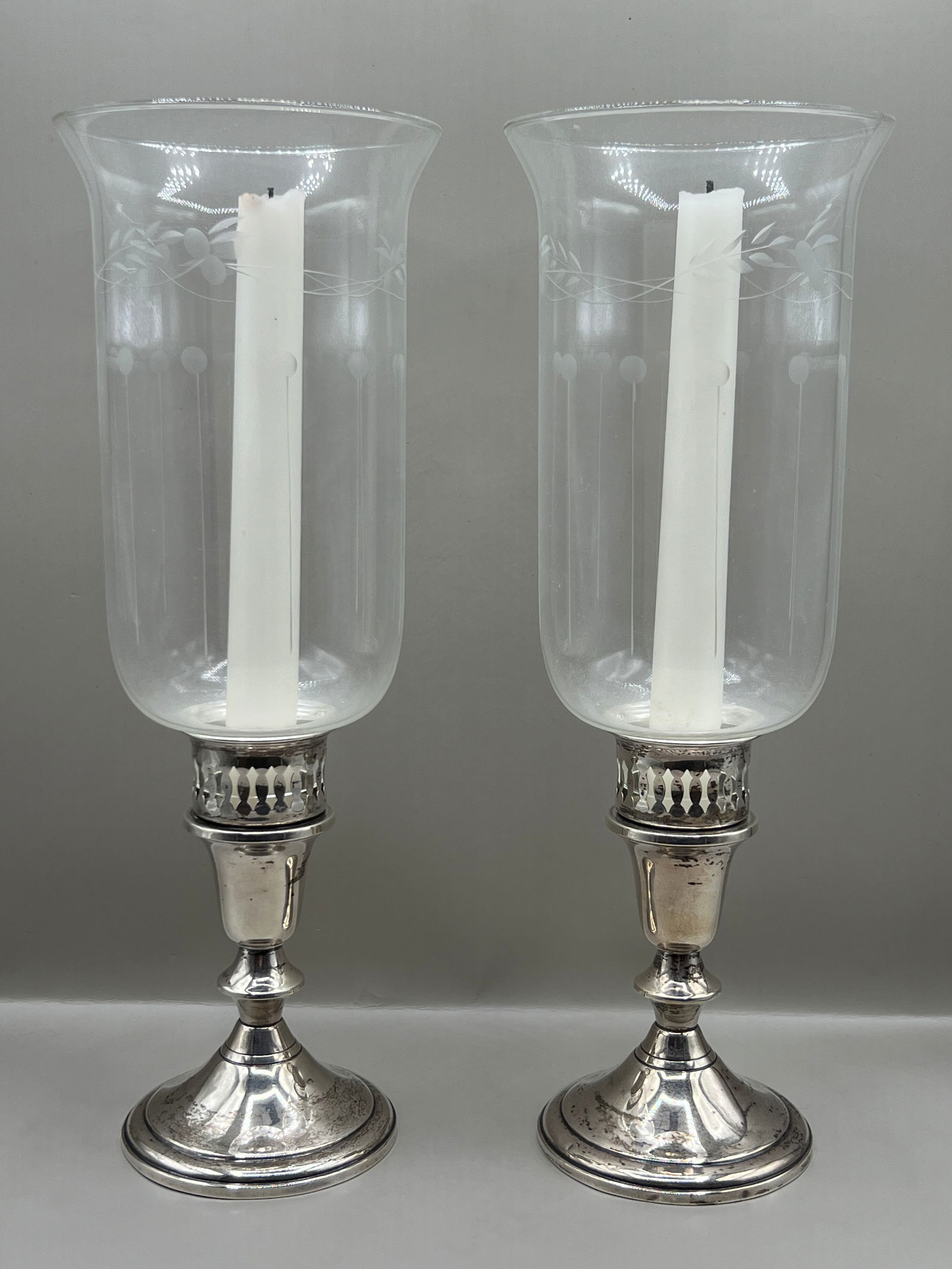 Pair of Towle Sterling Silver Weighted Candlestick Pair with Hurricane Glass Shades (1 of 7)