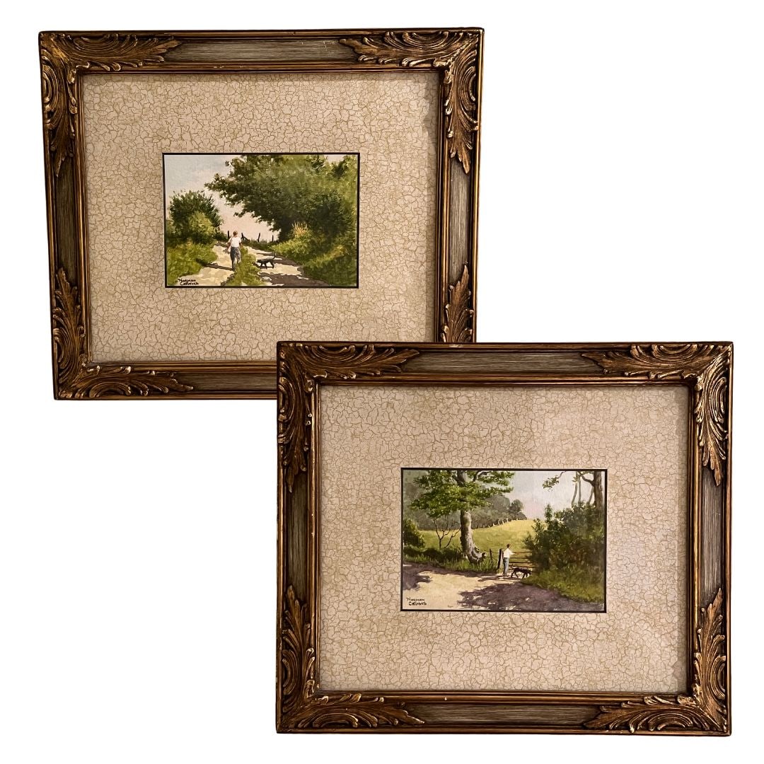 Pair of Norman Chesworth Boy & Dog Framed Watercolor Paintings Artist Signed: vibrant colors