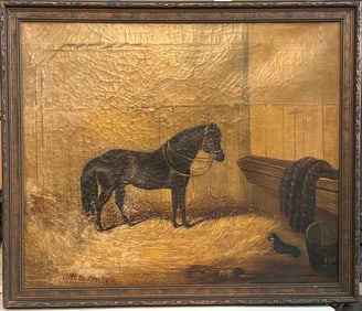 Antique Original Oil Painting Artist Signed Horse in Stable