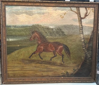 Antique c 1800s Original Oil Painting Artist Signed Horse in Field