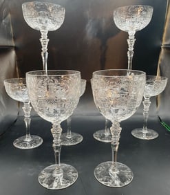 Antique Ornate Cut Crystal Stemware Champagne Flutes, Goblets