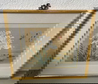 Framed Japanese Watercolor w Signature & Chinoiserie Hanger