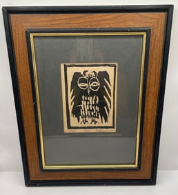 Pat Custer Denison Pencil Signed 20/25 Numbered Wood Cut Block Print "Owl"