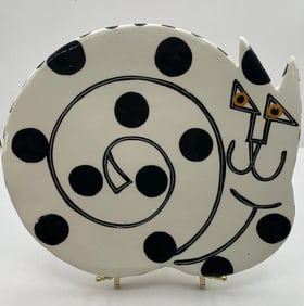 Allison Palmer Artist Signed Cat Pottery Plate Polka Dot Postmodern