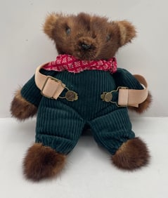 Mink Fur Teddy Bear Doll in Corduroy Overalls