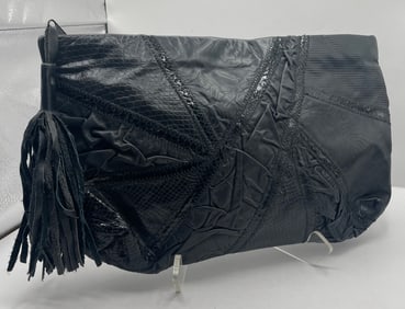1980s Patchwork Leather Black Oversized Clutch Purse w Tassel Pull