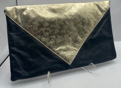 1980s Gold Embossed Leather on Black Leather Envelope Clutch Purse