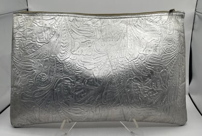 1980s Silver Embossed Leather Oversized Clutch Purse