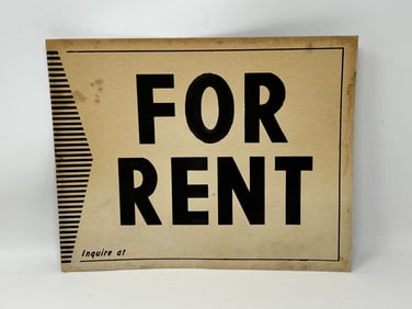 1960's "For Rent" Mountable Cardstock Sign