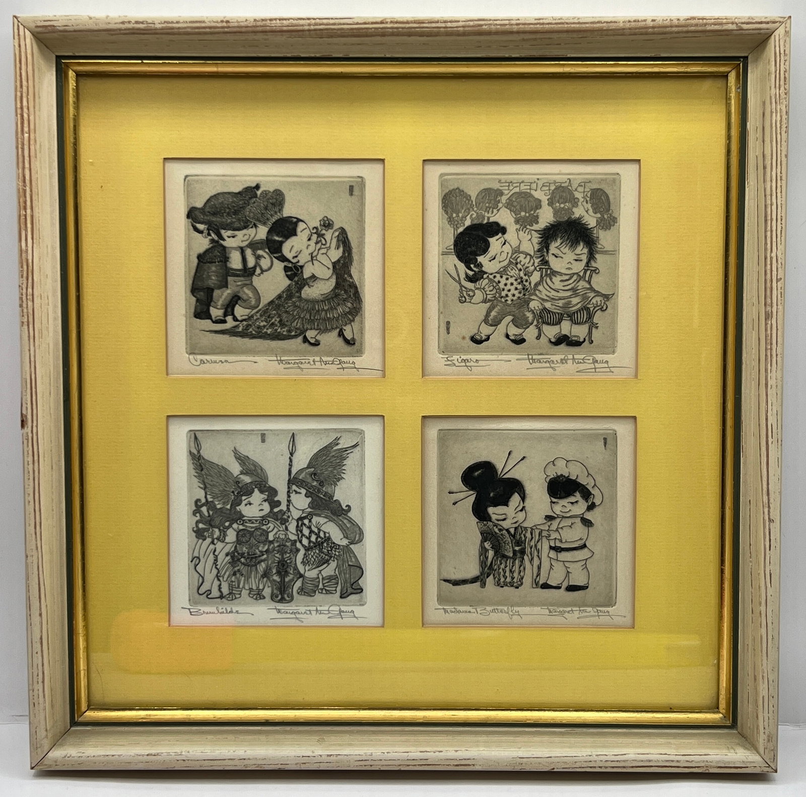 Margaret Au Gaug Framed Woodblock Theatre Motif Pencil Signed: pencil signed 4 set