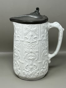 Victorian Era Salt Glazed Pewter Lidded Tankard Jug Pitcher