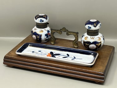Antique Porcelain Writing Set Ink Wells in Wood