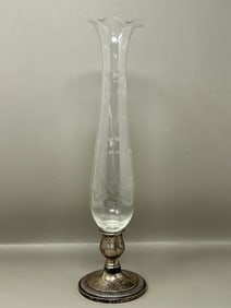 Fisher Sterling Silver Weighted Base Etched Glass Vase