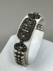 Indian Sterling Silver, Pearl & Marcasite Art Deco Inspired Bracelet