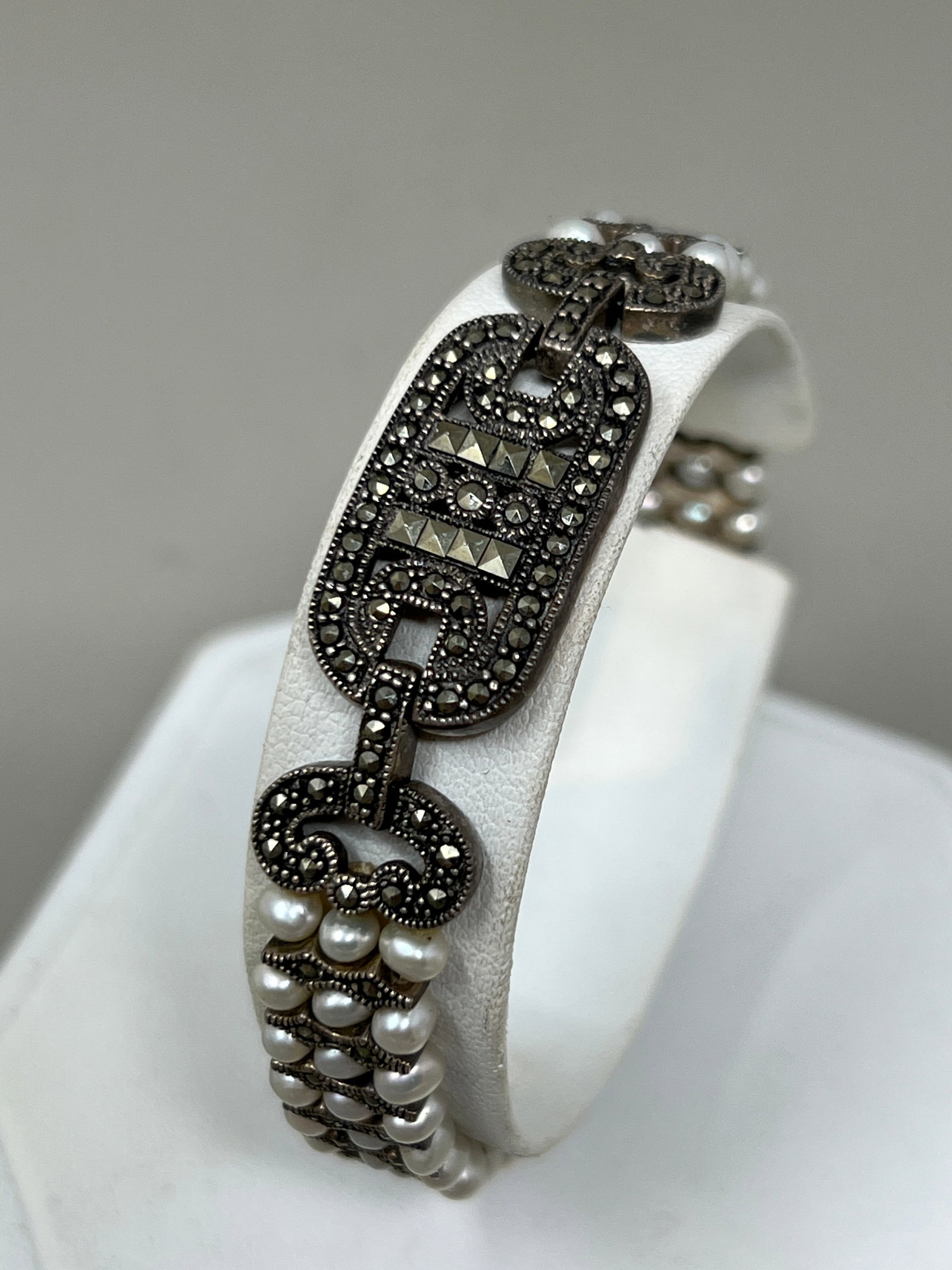 Indian Sterling Silver, Pearl & Marcasite Art Deco Inspired Bracelet: Beautiful and Wedding Ready