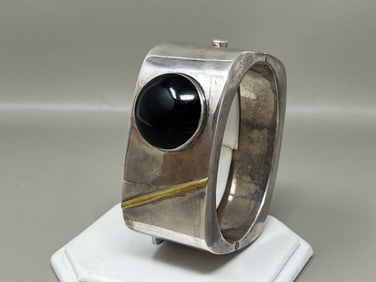Modernist Sterling Silver & Onyx Bangle Bracelet