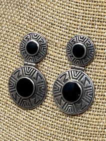 Mexican Sterling Silver & Black Onyx Earrings Pair