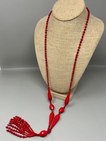 Bohemian Glass Red Glass Bead Opera Necklace w Tassel