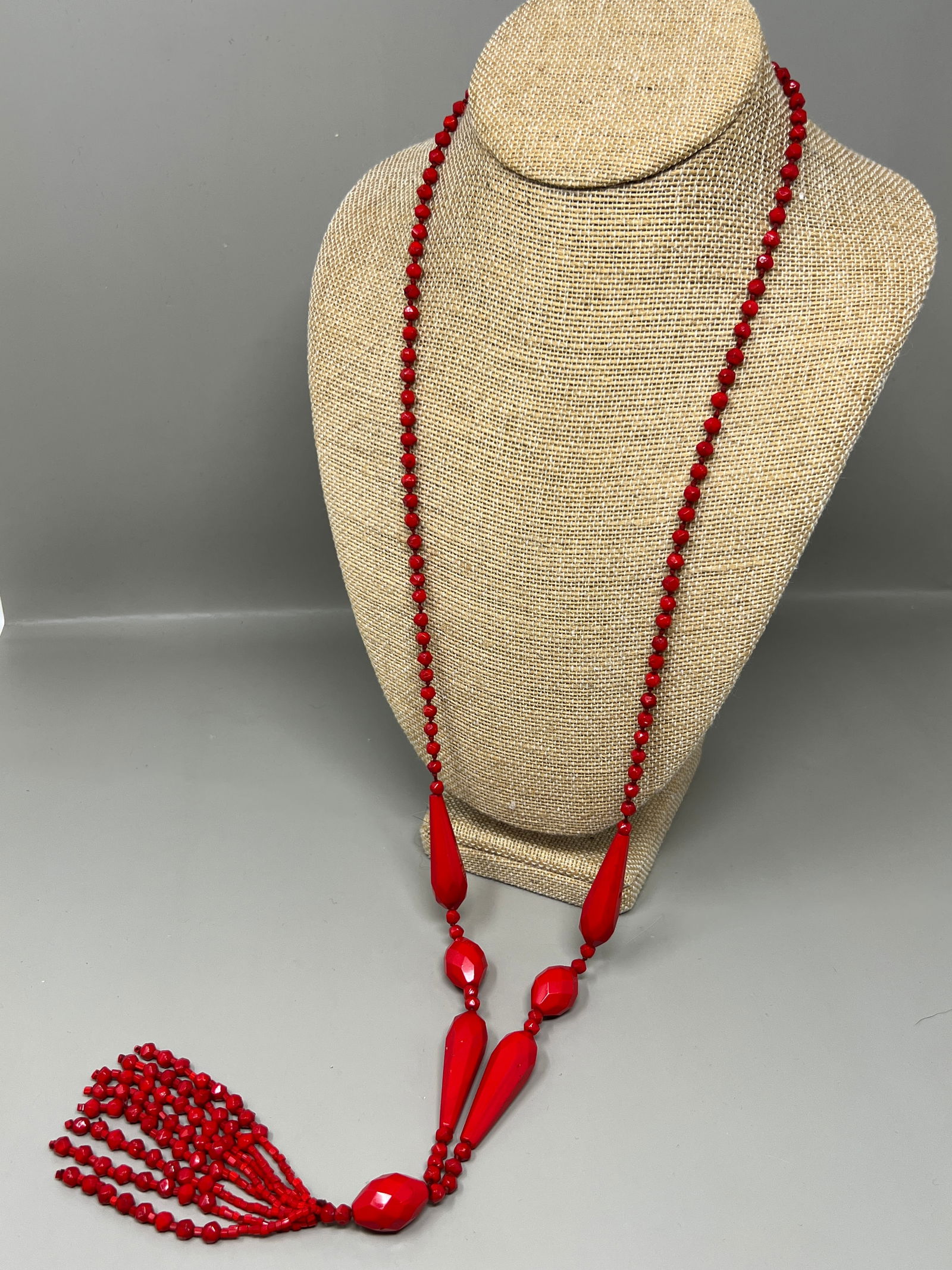 Bohemian Glass Red Glass Bead Opera Necklace w Tassel: Beautiful Vibrant Red