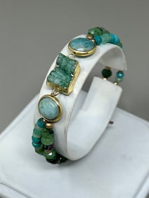 14K Gold Filled Moss Agate Bead Bracelet w Toggle Closure