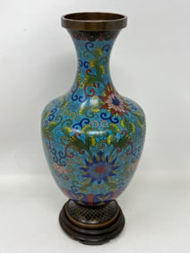 Cloisonne Enamel Chinoiserie Vase on Stand