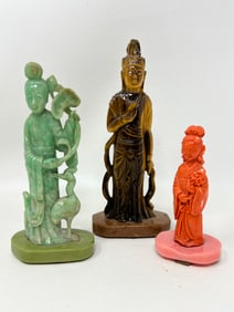 Carved Quan Yin Figurines Tigereye, Jade, Coral on Resin Bases