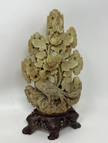 Soapstone Carving Phoenix & Flowers Statue Figurine