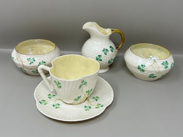 Belleek Irish Porcelain Creamer Sugar Bowls Teacup & Saucer; Shamrock Handpainted on Basketweave