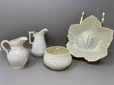 Belleek Irish Porcelain Creamers Sugar Bowl Leaf Bowl; Shell Motif, Scalloped, Leaf Patterns