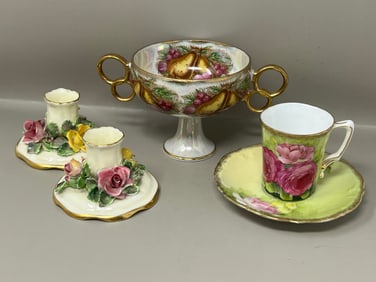 Royal Sealy Handled Amphora, Slovakian Demitasse Cup, Staffordshire Candlesticks