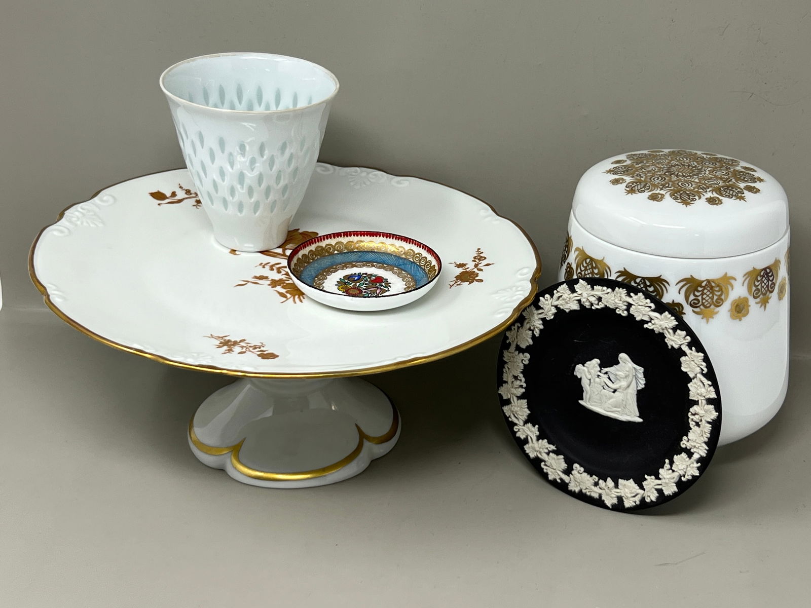 Limoges Cake Stand, Wedgwood Jasperware Finger Bowl, Heinrich & Co Selb Canister Jar, Arabia Finland (1 of 15)
