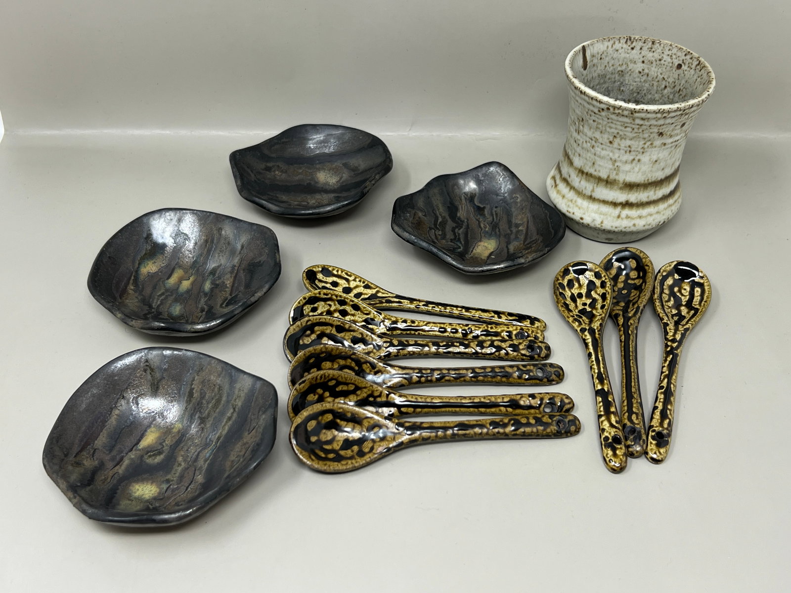 Pottery Teaspoons, Condiment Cups, Handmade Cup: Cup signed "PEG"