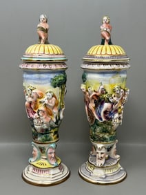 Capodimonte Italian Porcelain Lidded Urn Pair