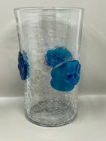 Vintage Blenko Art Glass Vase w Blue Rosettes