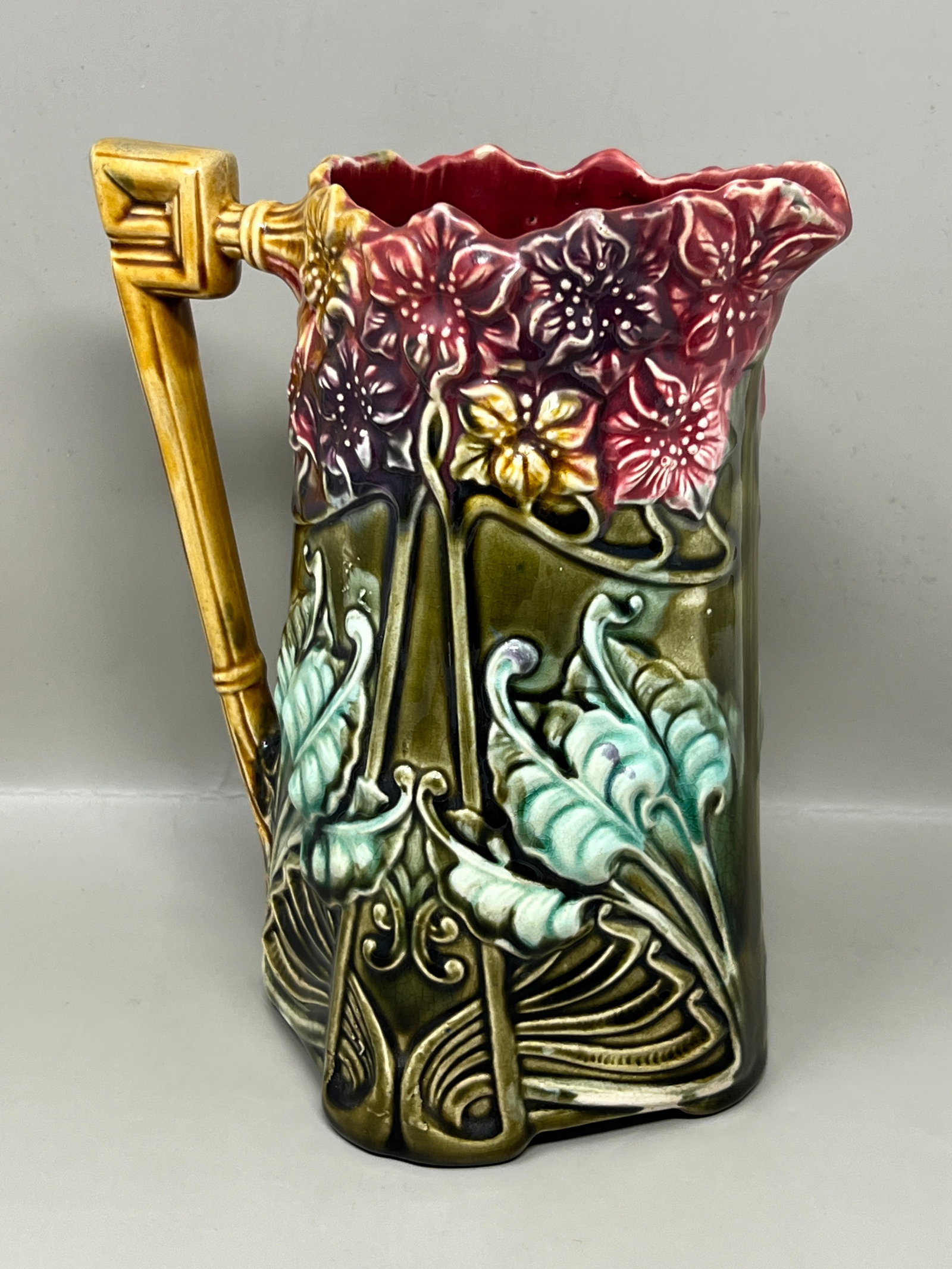 French Nouveau Onnaing Majolica Pitcher: great condition, especially for the age